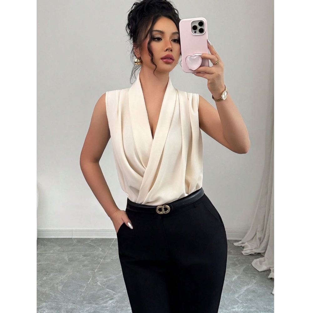 Draped Sleeveless Surplice V-Neck Blouse Top Beige - Picture 6 of 7